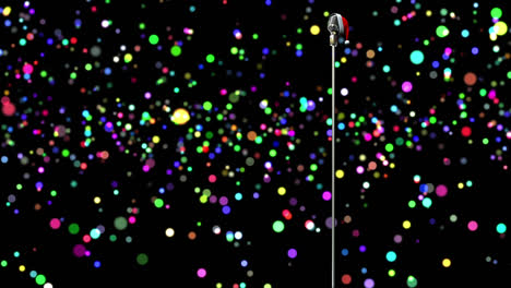 animation of rerto microphone with santa hat over shining colorful bokeh