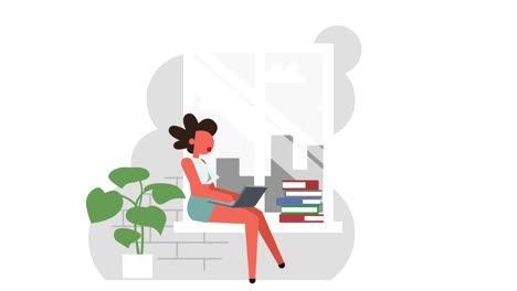 lugar de trabajo de casa plano cerca de la ventana figura de palo pictograma de color mujer personaje de niña con laptop concepto de animación