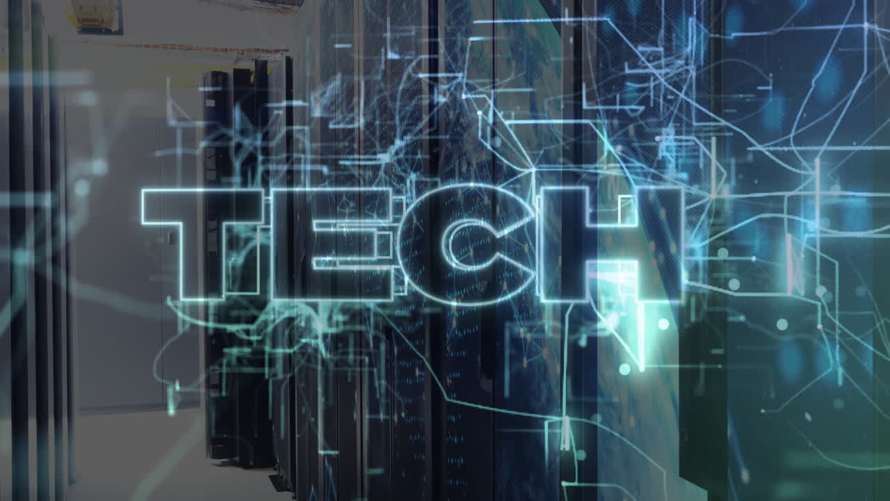Digital network and data processing animation over servers with TECH text