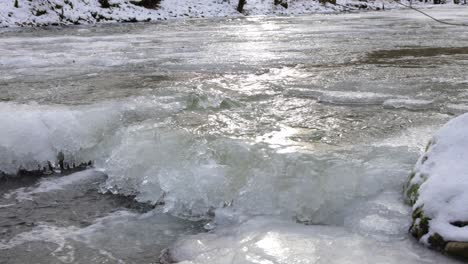 Agua-En-Cámara-Lenta-Que-Fluye-En-El-Arroyo-Congelado,-Retroiluminación-De-Hielo