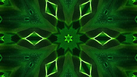 las partículas verdes brillantes forman líneas, superficies, patrones estelares, estructuras de caleidoscopio. fondo 3d de ciencia ficción en bucle de 4k con estructuras de puntos simétricos de abstracción en movimiento. bg virtual o holográfico
