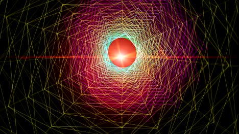 colorful graphic wireframe tunnel moving forward to sun flare animation.