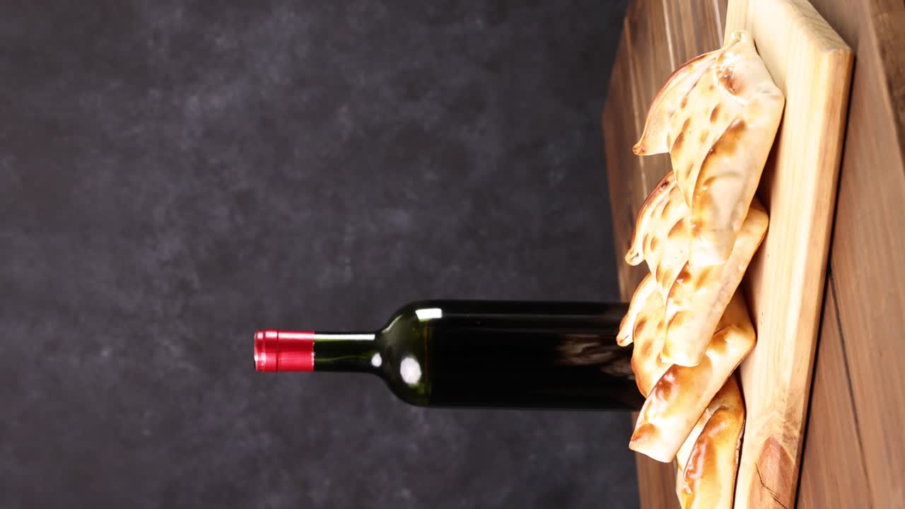 copas de vino chilenas y botella y variedad de empanadas