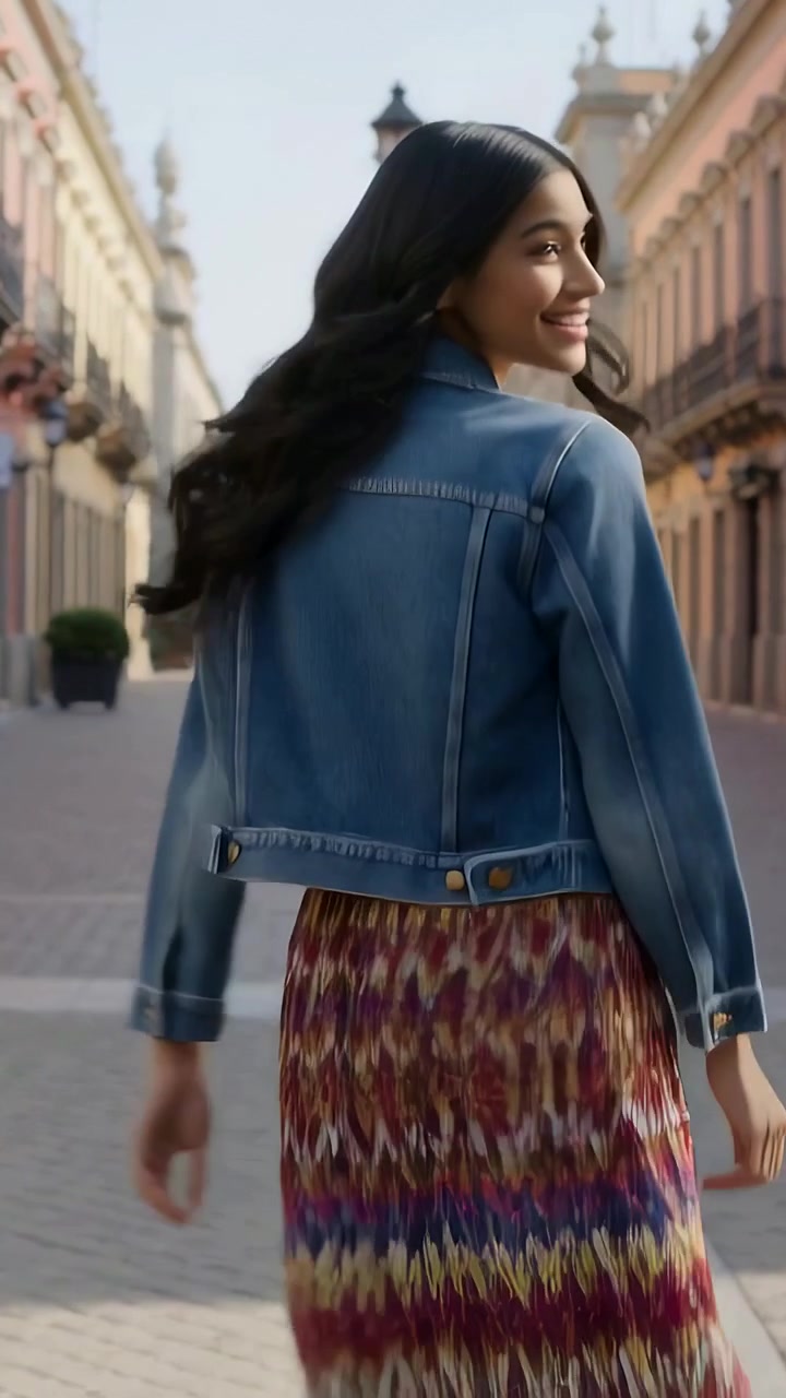 Video verticale: Donna che cammina con giacca e gonna di jeans passando accanto a lampioni lungo un viale, la telecamera la segue.