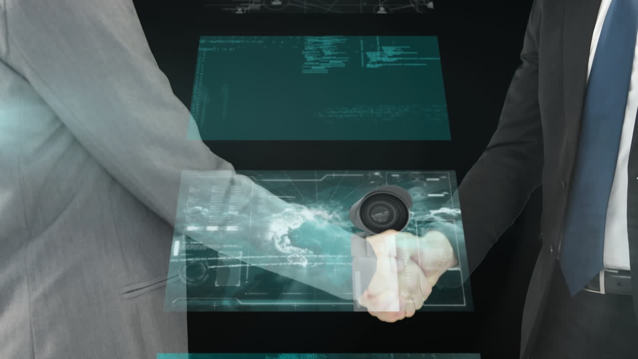 Animation of screens with data processing over businessman handshake
