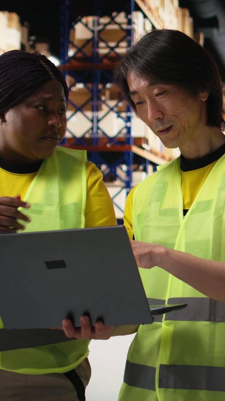 Vertical Video African American and Asian workers manage goods for a large brand