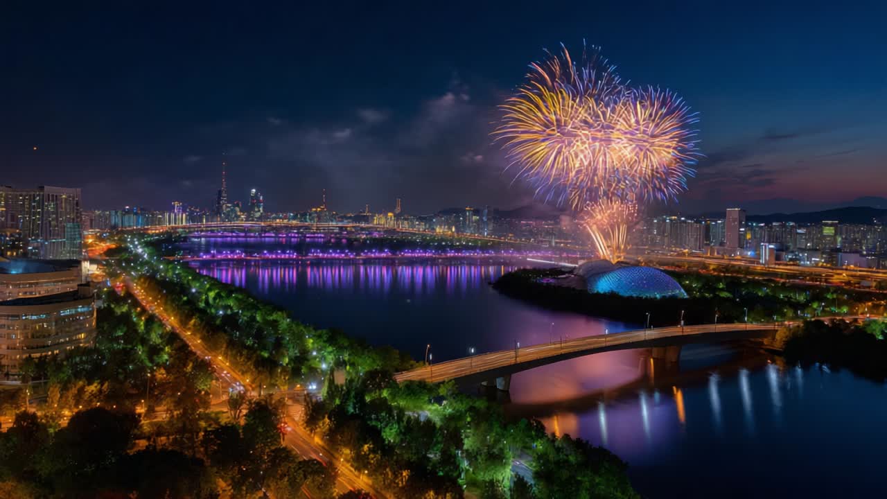 Stunning Nighttime Spectacle: A Mesmerizing Display of Colorful Fireworks Illuminating the Urban Skyline Above a Tranquil River Setting, Creating a Breathtaking Visual Experience Against the Darkened Sky