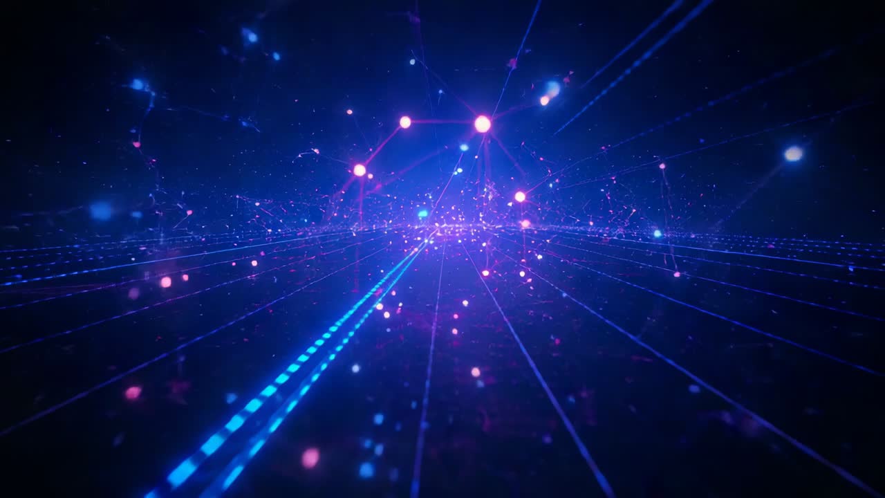 Initializing digital corridor on neon grid, blue squares appearing and purple particles connecting