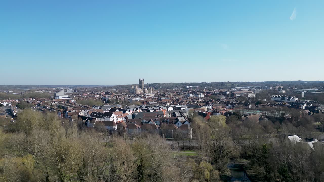 Canterbury Cathdral with blue sky and no clouds drone shot
