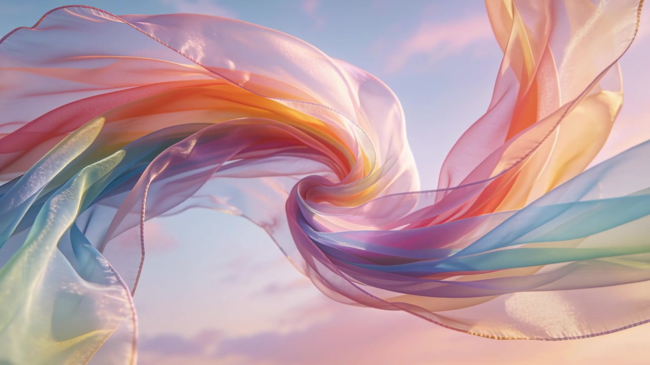 Nastro pastello trasparente che fluttua nella brezza, avvolgendosi a spirale in un vortice nel cielo, mostrando orli dorati