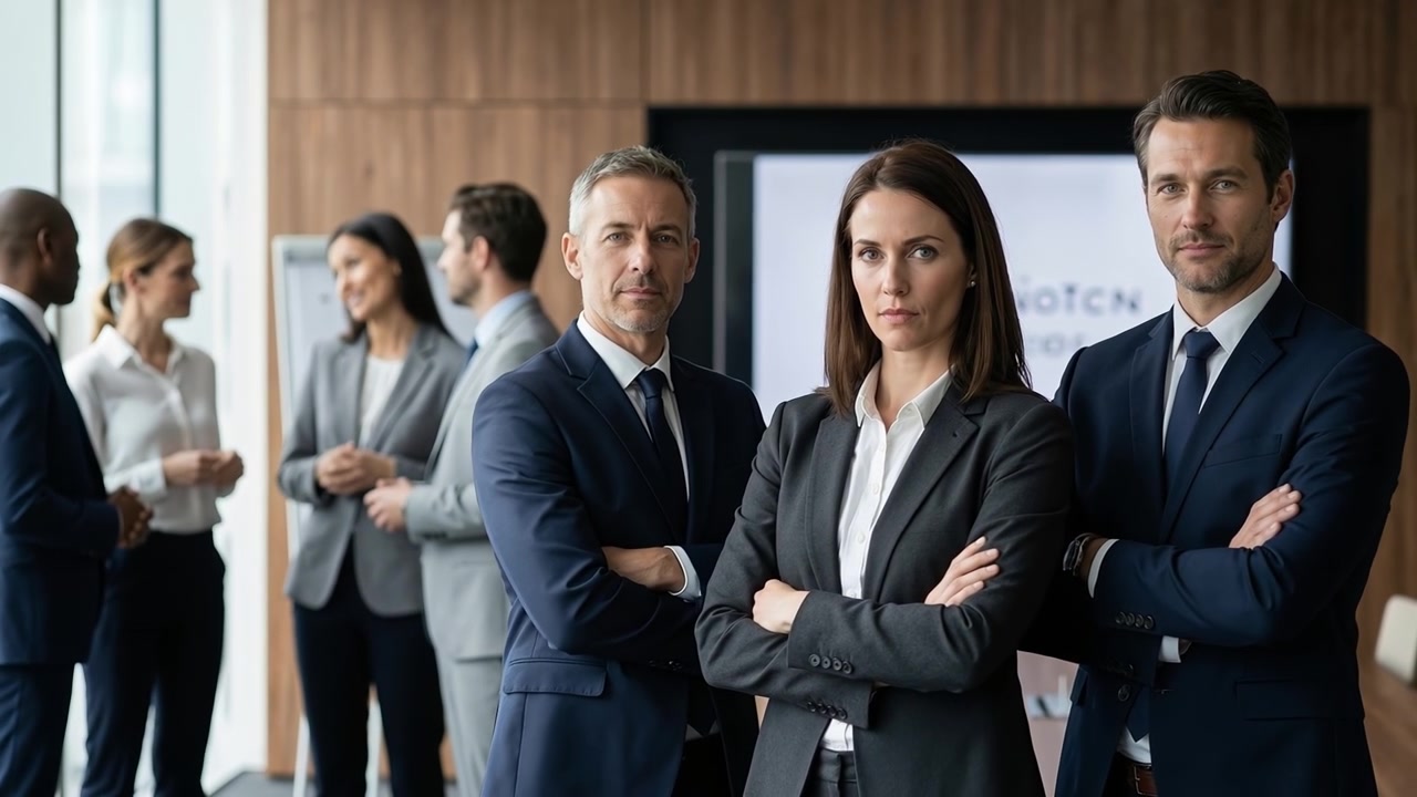 Group of diverse business professionals standing together in a modern office looking confidently at the camera