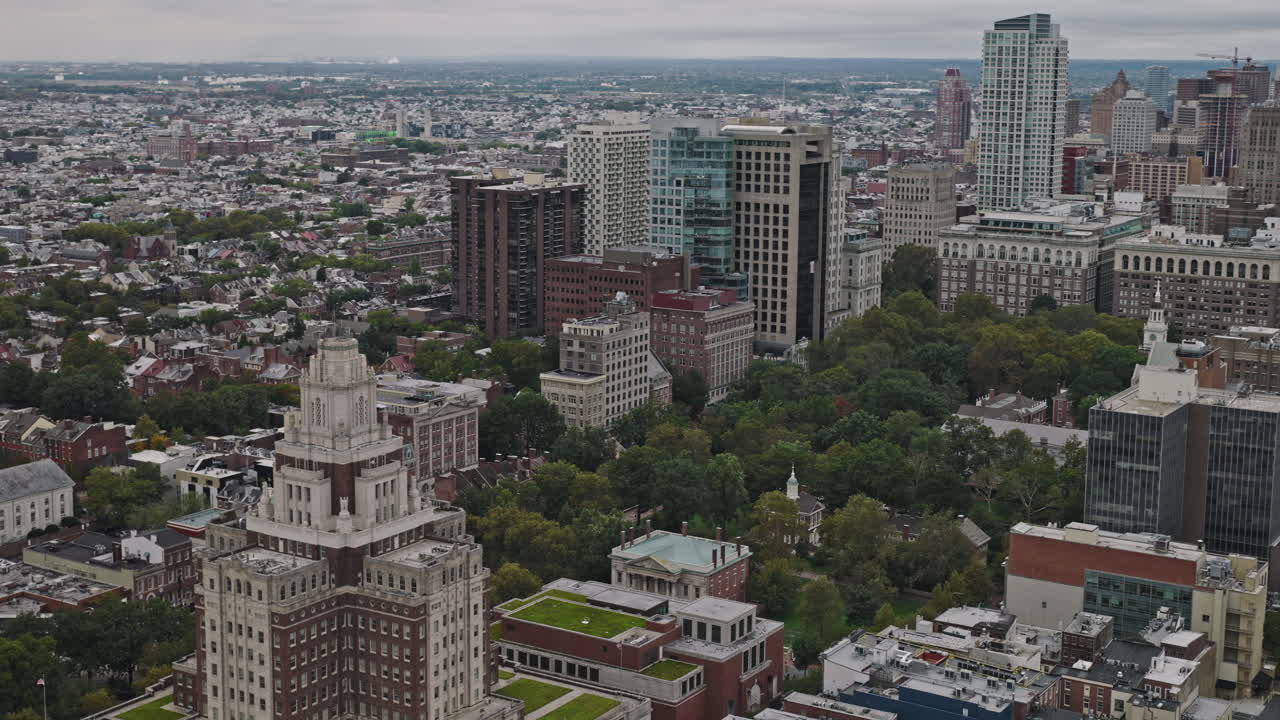 Philadelphia Pennsylvania Aerial v167 birds eye view flyover Old City capturing United States Custom House, Independence Square Park and downtown cityscape - Shot with Inspire 3 8k - Sept 29th 2023