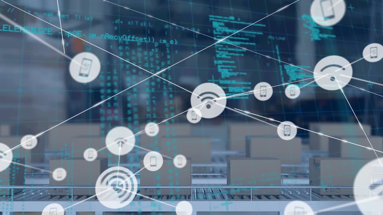 animación de redes de conexiones e iconos sobre cajas en cintas transportadoras y procesamiento de datos