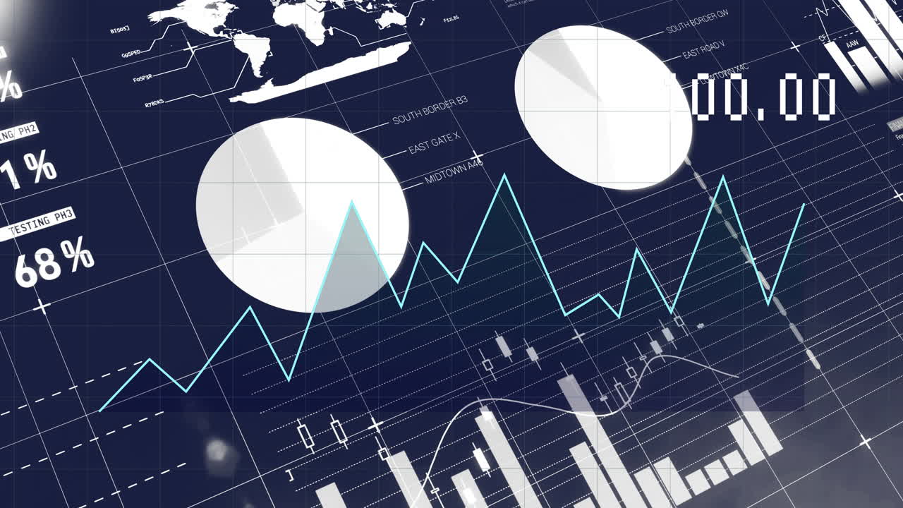 Animazione dell'elaborazione di dati finanziari su sfondo scuro
