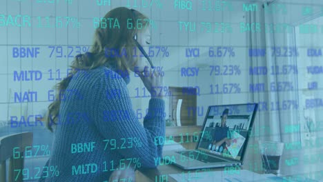 animation of numbers changing and financial data processing over woman using laptop on video call
