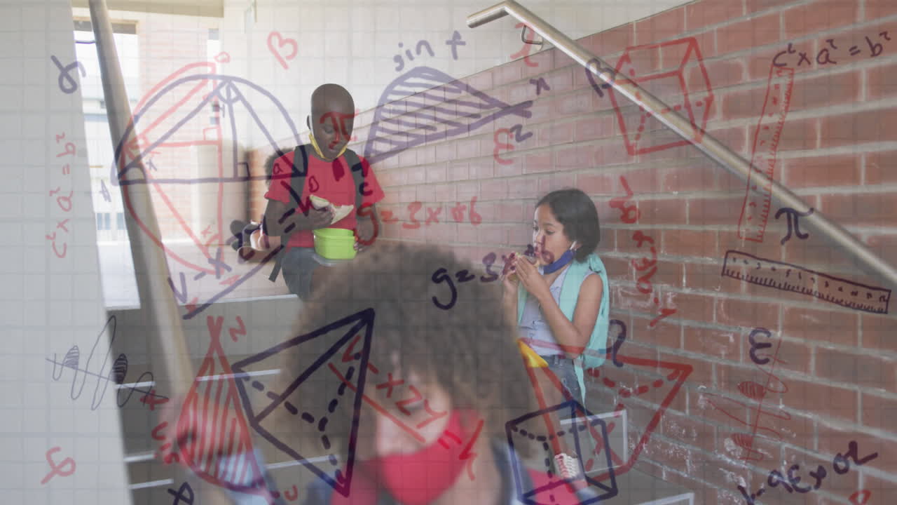 animación de ecuaciones matemáticas sobre diversos escolares que llevan máscaras faciales