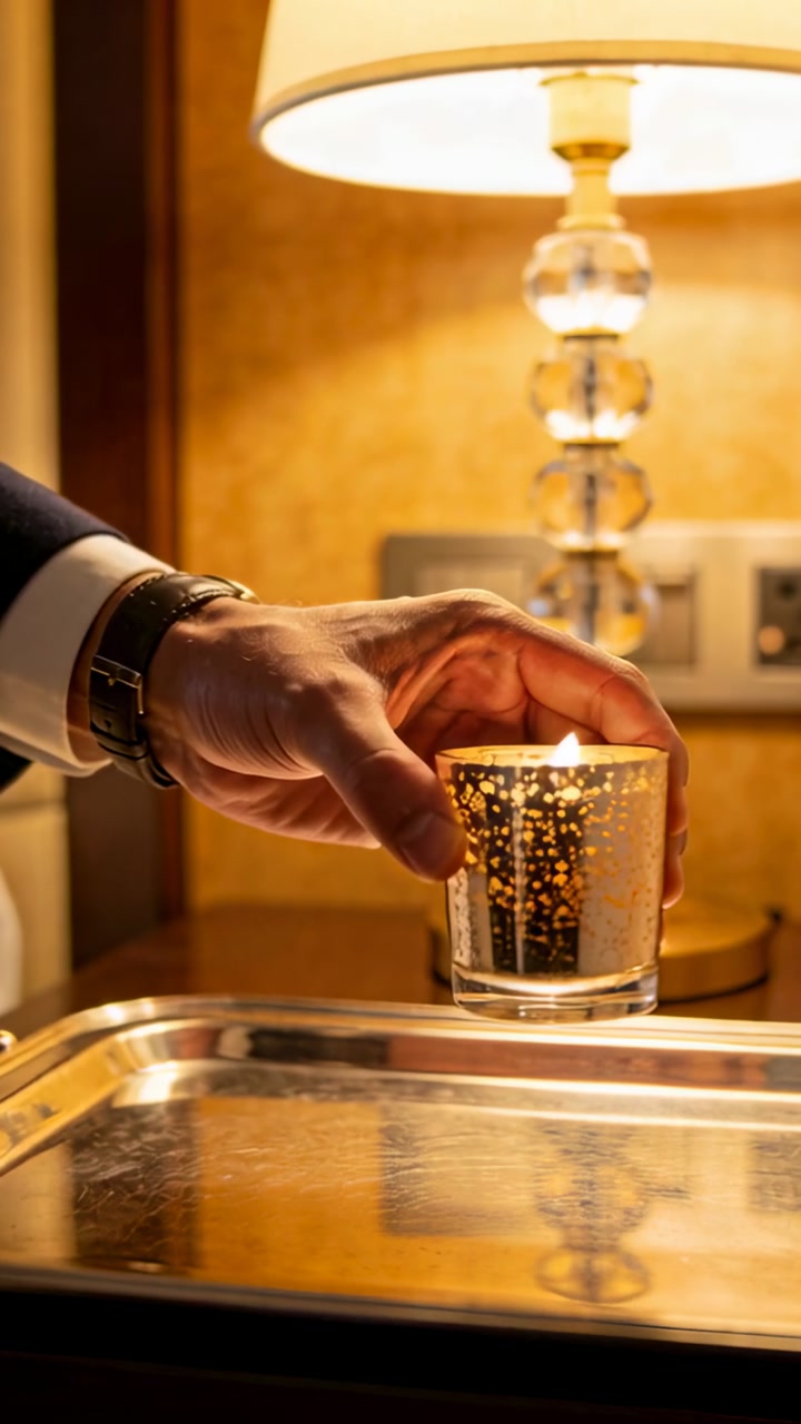 Vertical video: Entering left hand in suit cuff watch moving candle on bedside tray mirroring lamp
