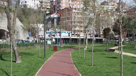 escena de parque urbano con sendero para caminar