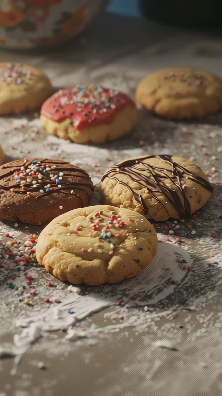 Vertical video: First shot camera panning across counter revealing frosted cookies with sprinkles