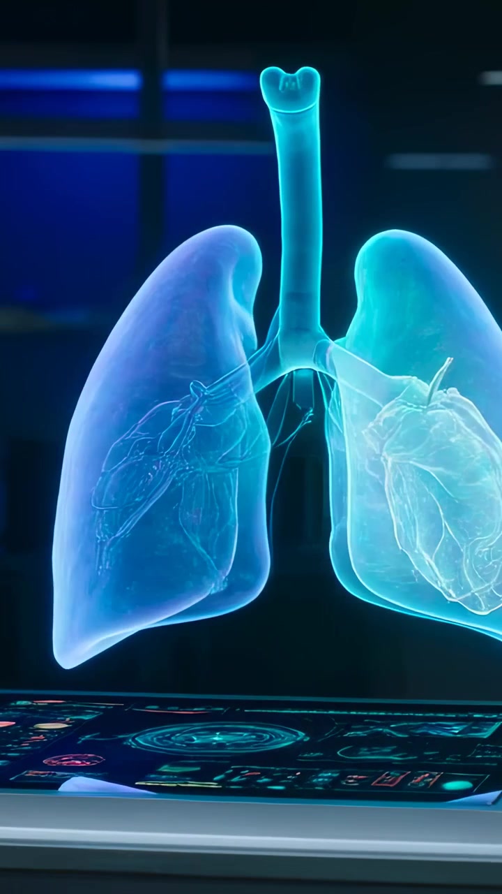 Video verticale: Console che si avvia mostrando polmoni 3D con trachea e cuore che si sollevano e pulsano in laboratorio