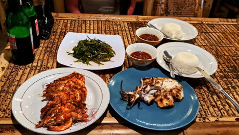 seafood prawns squid rice salad, asian balinese style food restaurant cuisine