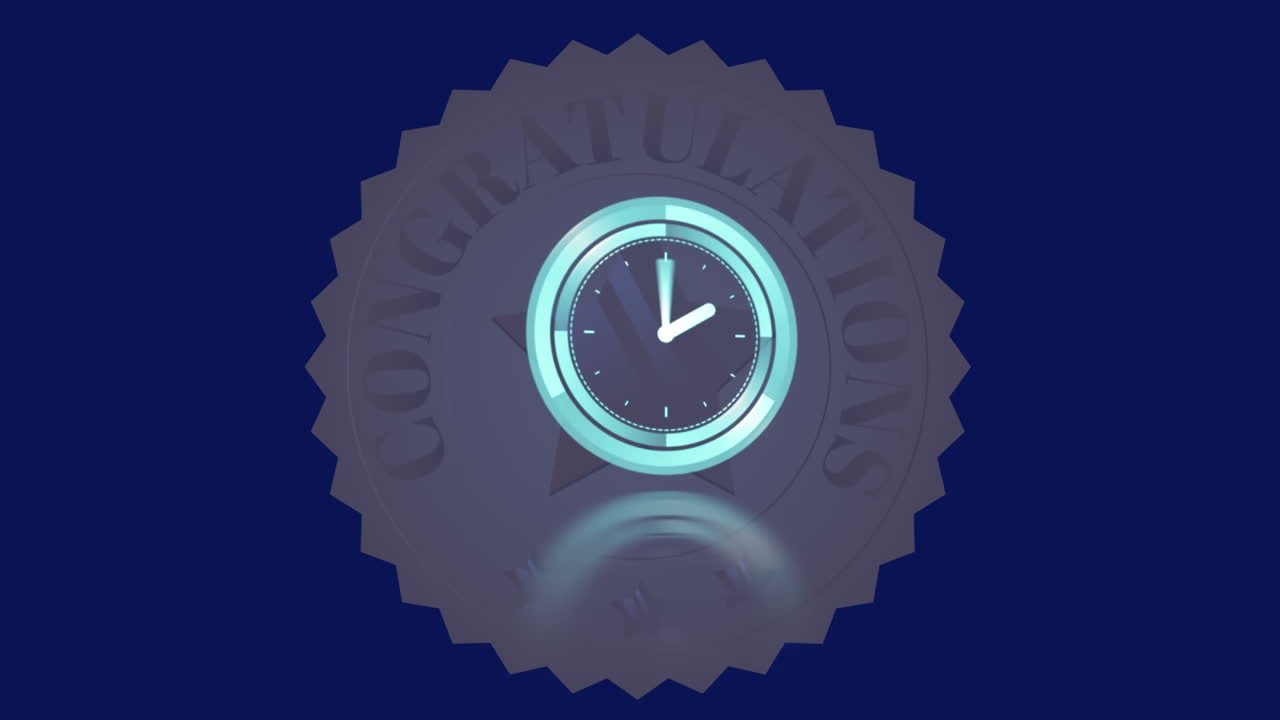 Animation of clock moving fast over congratulations badge on blue background