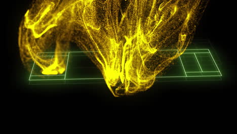 animation of sports court line markings over yellow particle cloud on black background