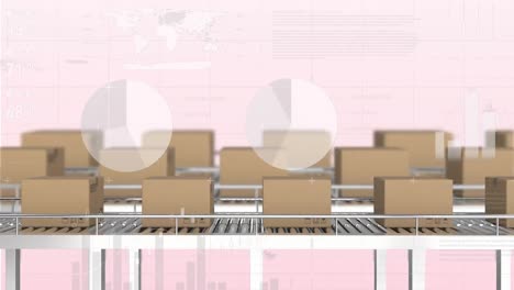 Animation-of-statistical-data-processing-over-boxes-on-conveyer-belt-against-pink-background