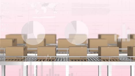 animation of statistical data processing over boxes on conveyer belt against pink background