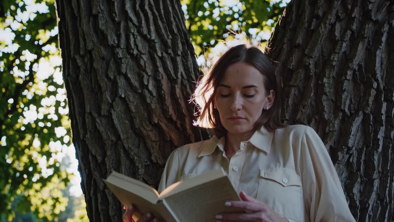A woman reading a book under a tree, captured in a close-up angle