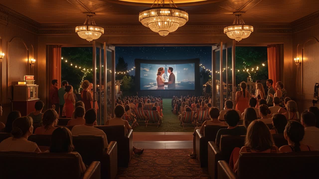A Romantic Evening at the Outdoor Cinema: Patrons Enjoy a Stunning Film Under the Stars in a Charming Vintage Setting with Exquisite Lighting and an Enchanting Atmosphere