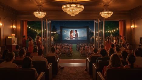 a romantic evening at the outdoor cinema: patrons enjoy a stunning film under the stars in a charming vintage setting with exquisite lighting and an enchanting atmosphere