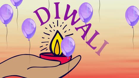 Animation-Von-Schwebenden-Luftballons-über-Diwali-Und-Einer-Hand,-Die-Eine-Kerze-Hält