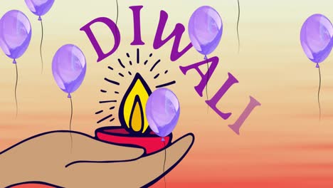 animación de globos flotantes sobre diwali y una vela en la mano