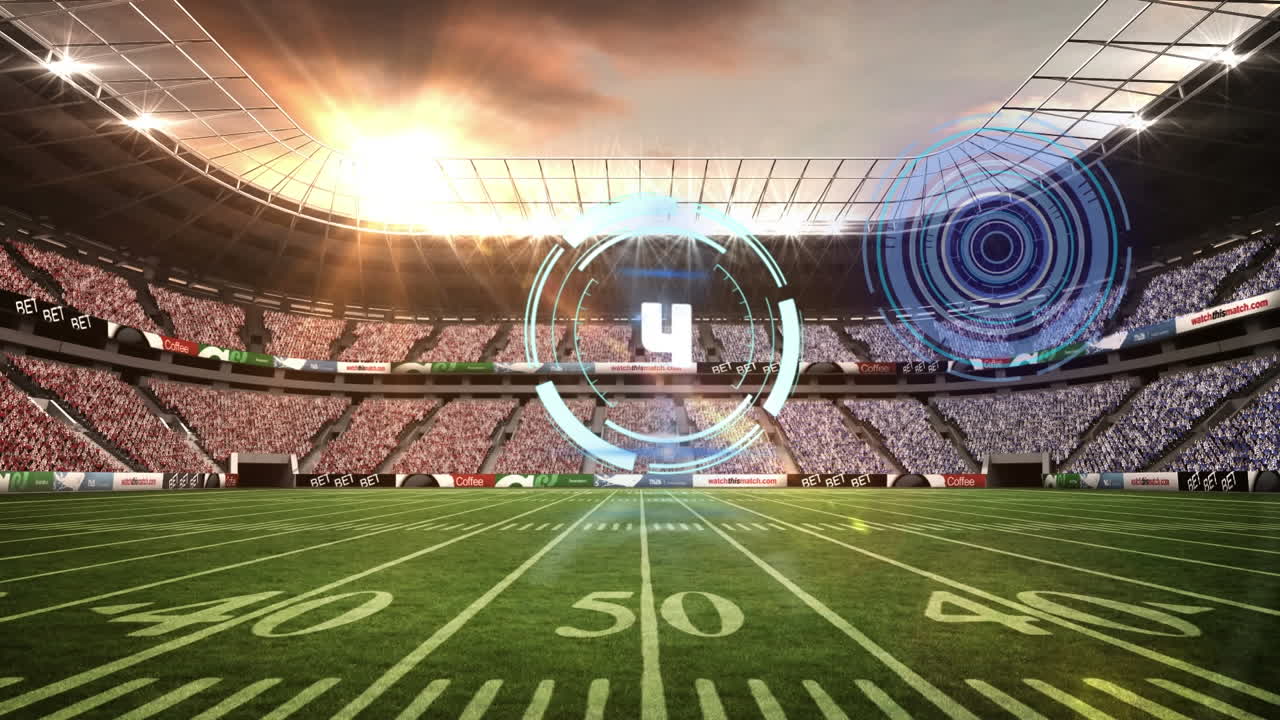 Animation of scanner with countdown processing over american football pitch at stadium