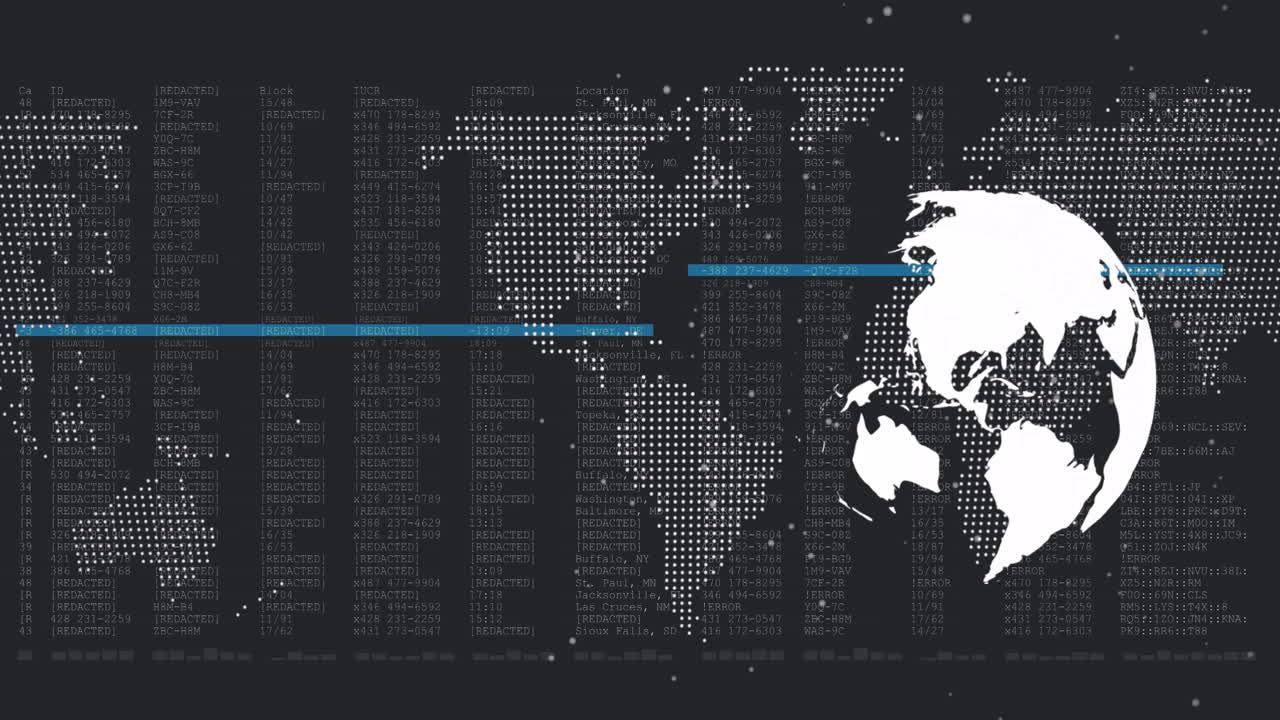 Spinning globe and world map against data processing on black background