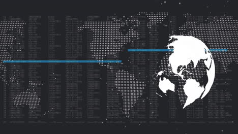 globo giratorio y mapa del mundo contra el procesamiento de datos en fondo negro