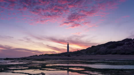 Beautiful-and-colorful-timelapse-of-sunset-in-Faro-de-Trafalgar-lighthouse,-Cadiz,-Spain