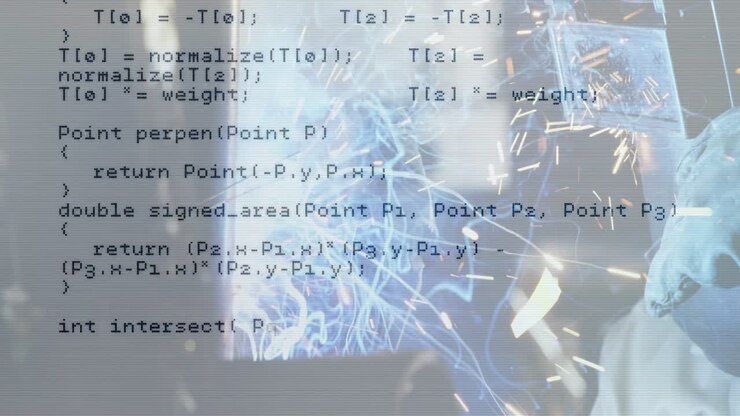 Saldatrice che utilizza una torcia in un'officina industriale, che unisce scintille luminose a una sovrapposizione di codice C++.