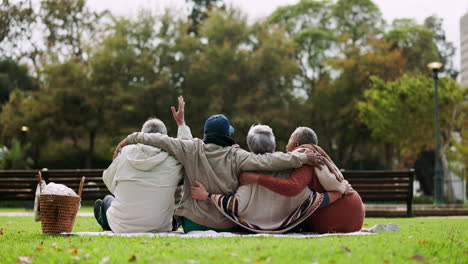 back, group and people in a park with a hug