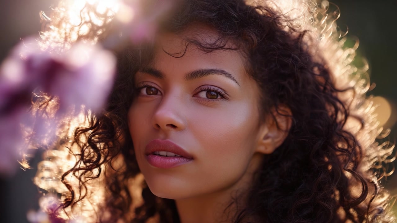 Um Retrato Cativante de uma Jovem Mulher Rodeada por Flores Florescendo, Irradiando Beleza Natural e Luz Quente em uma Atmosfera Suave e Onírica.