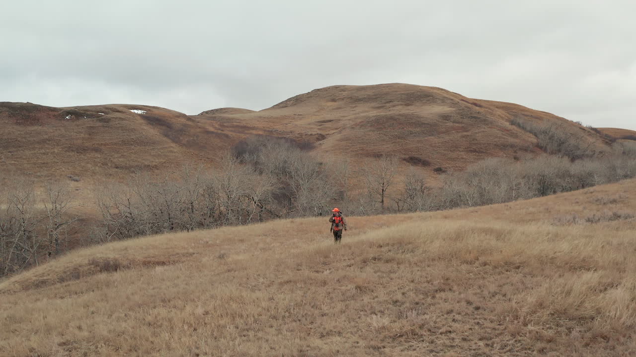 Male hunter with Orange clothing walking towards lookout point near forest edge- wide view