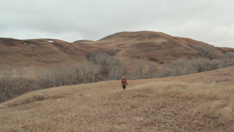 male hunter with orange clothing walking towards lookout point near forest edge- wide view