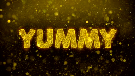 yummy text on golden glitter shine particles animation.