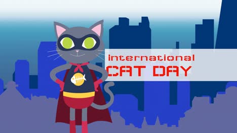 animation of international cat day text over superhero cat icon on blue background