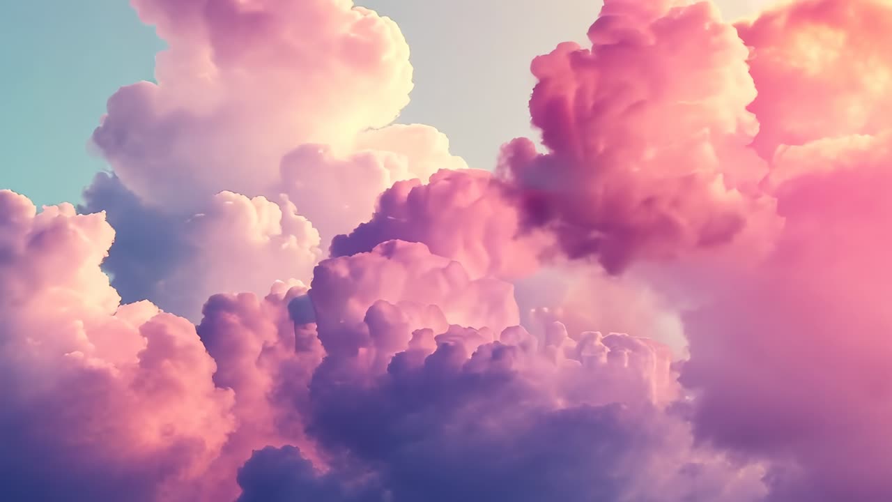 Dreamy, pastel-colored clouds fill the frame from a low-angle view, evoking a serene, ethereal
