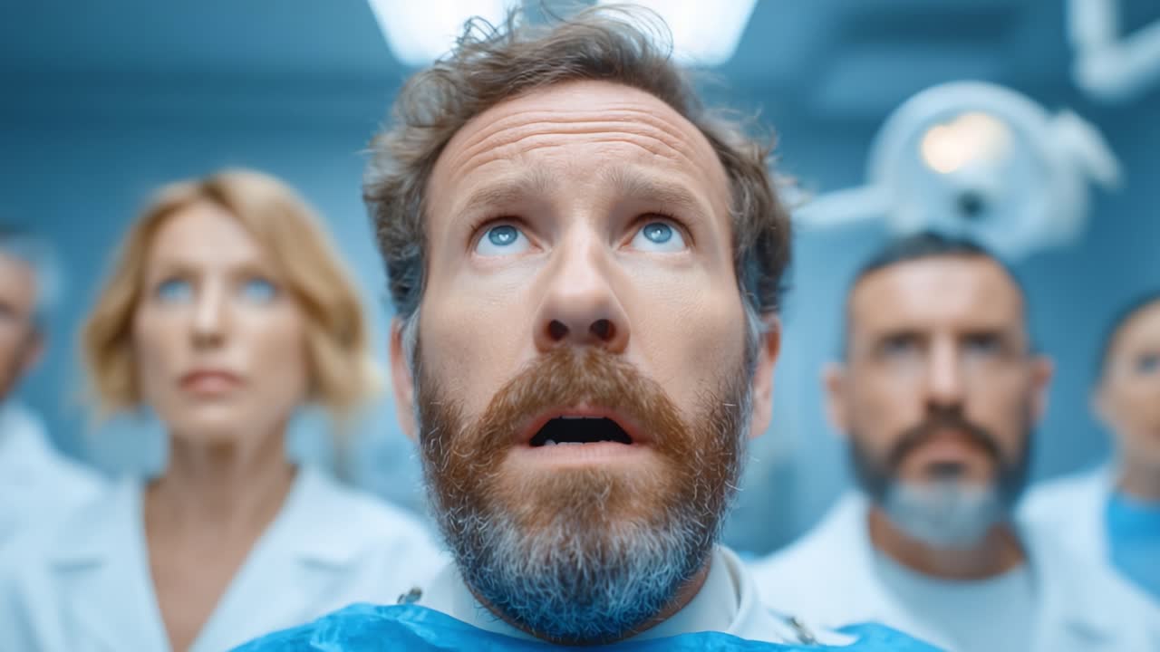 A tense moment unfolds as a man in a dental chair stares up, surrounded by medical professionals in scrubs, creating a chilling atmosphere of anticipation and fear