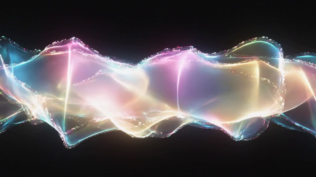 Frame progression driving ribbon rippling, folding, blending pastel hues and edge sparks for design