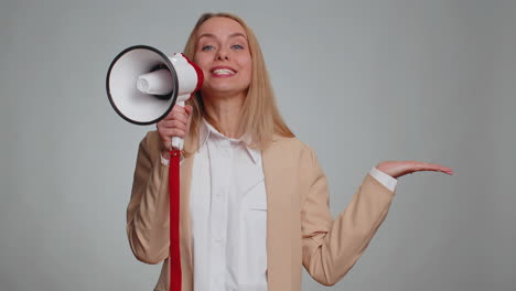 Woman-talking-with-megaphone,-proclaiming-news,-loudly-announcing-advertisement-pointing-empty-place