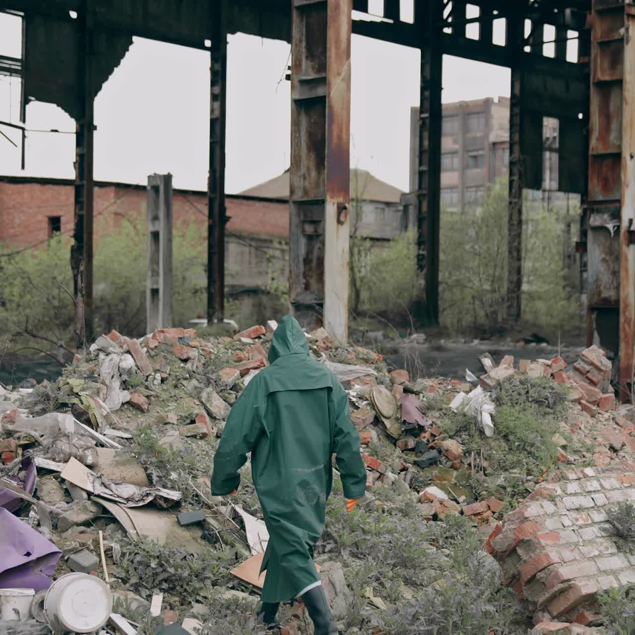 Person in chemical protective suit walking in distracted place. Survivor in abandoned place with piles of garbage from ruined buildings. Apocalypse concept